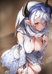 Rule 34 | 1girl, black horns, blue hairband, blush, breasts, brown eyes, cleavage, from above, genyaky, granblue fantasy, hair between eyes, hair ornament, hairband, highres, horns, izmir, large breasts, long hair, long sleeves, looking at viewer, pointy ears, signature, sitting, solo, thighs, white hair
