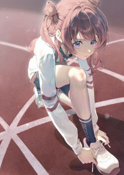 1girl adjusting_clothes adjusting_shoe bike_shorts bike_shorts_under_shorts black_socks blush brown_hair gakuen_idolmaster hanami_saki highres idolmaster jacket looking_ahead on_one_knee outdoors rain_(regen) red_shorts running_track shoes shorts sneakers socks solo sweat white_jacket white_shoes