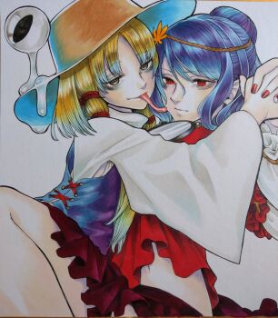 2girls autumn_leaves bags_under_eyes blonde_hair blue_hair bow breasts brown_headwear extra_eyes frilled_shirt frilled_skirt frilled_sleeves frills frog frog_girl hair_bow hair_bun hair_ornament hairband hat highres holding_hands horizontal_pupils large_breasts layered_shirt layered_sleeves leaf leaf_hair_ornament leaf_on_head long_skirt long_sleeves long_tongue medium_hair mirror moriya_suwako multicolored_clothes multicolored_shirt multiple_girls nail_polish navel purple_vest red_bow red_eyes red_nails red_shirt red_skirt rope saliva shirt sidelocks simple_background skirt slit smile smug sweater tongue tongue_out touhou traditional_media turtleneck turtleneck_sweater vest wavy_hair white_background white_shirt white_sweater whoru wide_sleeves wristband yasaka_kanako yellow_eyes yuri