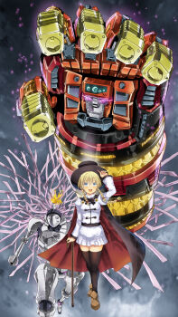1girl absurdres black_cape black_headwear black_thighhighs blonde_hair blue_eyes blush braid breasts brown_footwear cable cane cape cloud cloudy_sky crossover daimidaler_type-3 fire garimpeiro glowing glowing_eyes goldion_finger hair_between_eyes hakaiou:_gaogaigar_vs._betterman hat highres jacket kenzen_robo_daimidaler looking_at_viewer mecha medium_breasts open_mouth purple_eyes red_cape rikantsu_seabury robot science_fiction skirt sky smile thighhighs top_hat twin_braids white_jacket white_skirt yuusha_ou_gaogaigar yuusha_series