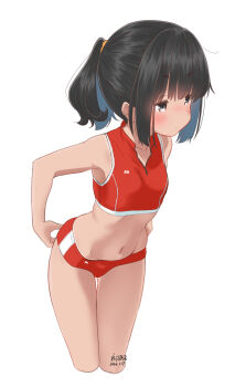 1girl adjusting_buruma adjusting_clothes arms_behind_back black_eyes black_hair blush breasts buruma highres leaning_forward loli long_hair navel original ponytail red_buruma red_sports_bra retsumaru small_breasts solo sports_bikini sports_bra stomach thighs