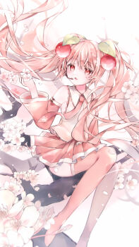 absurdres blush branch cherry_hair_ornament collared_shirt detached_sleeves floral_print flower food-themed_hair_ornament hair_between_eyes hair_ornament hatsune_miku headset highres holding holding_flower long_hair long_sleeves miku_day necktie official_alternate_costume open_mouth pink_eyes pink_flower pink_hair pink_necktie pink_skirt sakura_miku shirt sitting sitting_on_branch skirt sleeveless sleeveless_shirt smile spring_(season) twintails very_long_hair vocaloid white_trim wide_sleeves yuki_(yuki_no_42)