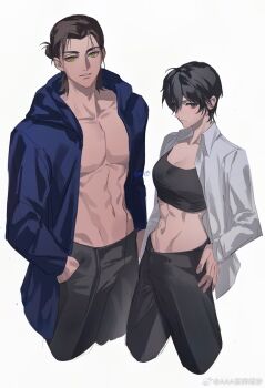 1boy 1girl abs black_hair black_pants black_sports_bra blue_coat breasts brown_hair chinese_commentary cleavage closed_mouth coat collarbone collared_shirt commentary_request cropped_legs eren_yeager green_eyes grey_eyes hair_bun hand_on_own_hip hands_in_pockets highres hood hood_down hooded_coat looking_at_viewer medium_breasts midriff mikasa_ackerman navel open_clothes open_coat open_shirt pants parted_bangs parted_lips pectorals shingeki_no_kyojin shirt short_hair sports_bra stomach toned toned_male watermark weibo_username weibo_watermark white_background white_shirt yun_(dl2n5c7kbh8ihcx)