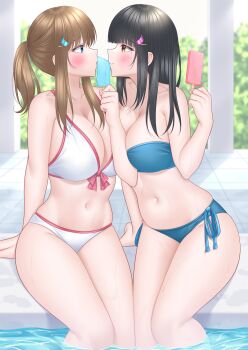2girls absurdres bikini black_hair blue_bikini blue_eyes blunt_bangs breasts brown_hair commentary_request eye_contact feet_out_of_frame food highres large_breasts lino_(lilyparty07) looking_at_another looking_at_viewer multiple_girls original ponytail poolside popsicle red_eyes side-tie_bikini_bottom soaking_feet strapless strapless_bikini swimsuit water white_bikini yuri