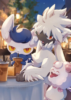 1girl absurdres animal_focus cake closed_eyes colored_sclera commentary cup disposable_cup dog drinking fangs food furfrou furfrou_(natural) furry furry_female gen_6_pokemon highres holding kechon-san lamppost meowstic meowstic_(female) night night_sky nintendo open_mouth outdoors plate pokemon pokemon_(creature) pokemon_focus red_eyes sky smile swirlix symbol-only_commentary table tongue tongue_out tree white_fur yellow_sclera
