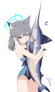 1girl 686panda absurdres animal animal_ears animal_hug bare_arms bare_shoulders blue_archive blue_halo closed_mouth commentary cowboy_shot cross_hair_ornament fish grey_eyes grey_hair hair_ornament halo highres holding holding_animal holding_fish light_smile looking_at_viewer mismatched_pupils official_alternate_costume official_alternate_hairstyle one-piece_swimsuit shiroko_(blue_archive) shiroko_(swimsuit)_(blue_archive) simple_background solo swimsuit swordfish white_background wolf_ears