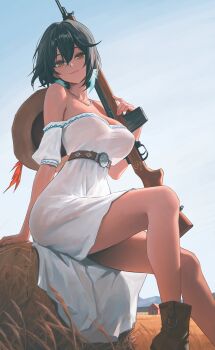 1girl absurdres arm_support barn belt black_hair boots breasts brown_boots brown_eyes cleavage closed_mouth commentary crossed_bangs dress english_commentary farm fence from_below gun hair_between_eyes hat_feather hat_on_back hay highres holding holding_gun holding_weapon idolmaster idolmaster_cinderella_girls jewelry large_breasts looking_at_viewer medium_hair narrow_waist natalia_(idolmaster) necklace outdoors qingli_ye rifle ruger_mini-14 see-through_silhouette sitting smile solo tan weapon white_dress