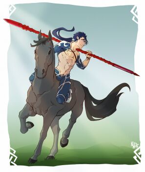 1boy abs animal bareback beads blue_hair bracelet crescent crescent_necklace cu_chulainn_(caster)_(fate) cu_chulainn_(fate) cu_chulainn_(lancer)_(fate) cu_chulainn_(second_ascension)_(fate) detached_sleeves earrings fate/grand_order fate/stay_night fate_(series) gae_bolg_(fate) hair_beads hair_ornament highres holding holding_weapon horse horseback_riding jewelry keyhof long_hair muscular necklace official_alternate_costume outdoors pants polearm ponytail red_eyes riding skin_tight smile spear spiked_hair strap sunlight topless_male type-moon weapon