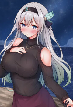 1girl 1other absurdres beach black_hairband black_sweater blue_pupils blue_ribbon blush cloud cloudy_sky commentary_request firefly_(honkai:_star_rail) gradient_eyes gradient_hair hair_ornament hair_ribbon hairband highres holding_hands honkai:_star_rail honkai_(series) long_hair multicolored_eyes multicolored_hair off-shoulder_sweater off_shoulder open_mouth purple_skirt ribbon shiinyan skirt sky star_(sky) starry_sky sweatdrop sweater water