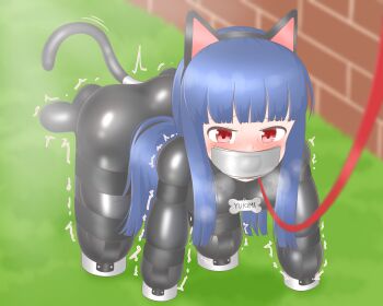 1girl absurdres animal_ears asphyxiation bdsm blush bodysuit bondage bound cat_ears cat_tail dog fake_animal_ears gag gimp_mask gimp_suit highres human_dog idolmaster idolmaster_cinderella_girls latex latex_bodysuit leash mask panel_gag pet_play red_eyes restrained sajo_yukimi tail