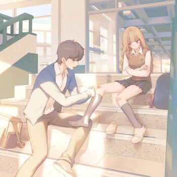 1boy 1girl absurdres backpack bag bandaid bandaid_on_knee bandaid_on_leg black_hair black_skirt black_socks blonde_hair blue_sweater blunt_bangs blush cardigan ceiling ceiling_light closed_mouth collared_shirt crossed_arms dini_illust full_body glass highres indoors long_hair looking_at_another open_mouth original pants pleated_skirt railing school school_uniform scraped_knee shirt shoes short_hair single_shoe sitting sitting_on_stairs skirt slice_of_life slip-on_shoes socks soles stairs sweater sweater_vest white_shirt