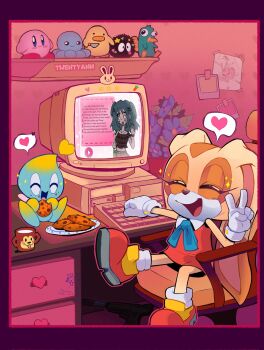 1girl among_us angelina_ballerina angelina_ballerina_(series) animal_ears animal_nose artist_name ascot bird blue_ascot blue_flower border carrot chair chao_(sonic) character_doll cheese_(sonic) closed_eyes coffee_mug commentary computer cookie cream_the_rabbit crewmate_(among_us) crt cup doll dress duck eating english_commentary english_text flower flower_pot food furry furry_female gaming_chair gloves heart highres kirby kirby_(series) lacey_(lacey_games) lacey_games monitor mug neutral_chao nintendo open_mouth orange_fur perry_the_platypus phineas_and_ferb pink_border plate platypus playing_games poster_(object) rabbit_ears rabbit_girl red_dress red_footwear ring_(sonic) shoes sitting smile solo_focus sonic_(series) sparkle speech_bubble spoken_heart squid stuffed_animal stuffed_toy susuwatari swivel_chair twentyann twitter_username v very_long_ears weapon_request white_gloves