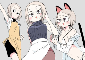 1girl abe_tomomi animal_ears apron bikini black_apron black_eyes black_ribbon black_skirt black_sweater_vest blush brown_hair cat_ears drunk half-closed_eyes heart highres neck_ribbon original pantyhose ribbon shirt short_hair skirt sleeveless sweater_vest swimsuit white_bikini