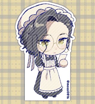 1girl apron black_dress black_hair chibi closed_mouth dress full_body glasses greta_hofmann hand_up hat highres holding holding_paper long_dress looking_at_viewer maid mole mole_under_mouth mossi_(mossi0816) paper plaid_background reverse:1999 round_eyewear short_hair solo twitter_username white_apron white_background white_hat yellow-framed_eyewear yellow_background yellow_eyes