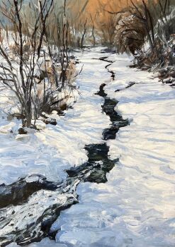 bare_tree commentary day highres kate_avery no_humans oil_painting_(medium) original outdoors painting_(medium) scenery snow stream traditional_media tree winter