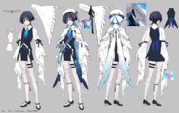 1boy alternate_costume angel angel_wings arm_ribbon arms_at_sides arrow_(symbol) ascot belt beret black_hair black_ribbon black_shoes black_shorts black_vest blue_ascot blue_ribbon blue_wings blunt_ends bridal_gauntlets capelet closed_mouth collar disembodied_hand expressionless facing_away feather_sleeves feathered_wings feathers fingernails formal_clothes genshin_impact gold_buckle gold_ring gradient_wings grey_hair hat hat_feather highres jewelry kneehighs layered_shorts long_eyelashes long_sleeves looking_at_viewer male_focus middle_ring multicolored_hair multicolored_wings multiple_views neyti_(neytirv) open_hand pom_pom_(clothes) purple_eyes reference_sheet ribbed_socks ribbon scaramouche_(genshin_impact) shoes shorts socks solo split_mouth standing streaked_hair striped_ribbon tassel thigh_belt thigh_strap thighlet vest wanderer_(genshin_impact) white_bridal_gauntlets white_capelet white_collar white_hat white_shorts white_sleeves white_socks white_wings wide_sleeves wings wispy_bangs yellow_feathers