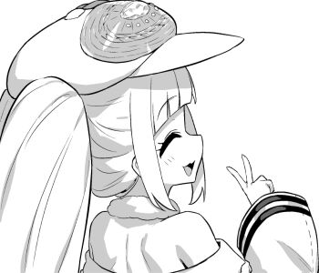Rule 34 | 1girl, azur lane, azur lane: slow ahead, bare back, bare shoulders, closed eyes, dmitri donskoi (azur lane), from behind, greyscale, hand up, hat, hori (hori no su), monochrome, official art, open mouth, peaked cap, simple background, solo, twintails, upper body, v, white background