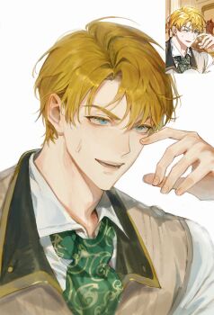 Rule 34 | 1boy, absurdres, alberu crossman, blonde hair, blue eyes, bow, bowtie, brown vest, collared shirt, comic panel redraw, derivative work, fingernails, green necktie, hand on own face, hand up, highres, lips, long sleeves, looking up, lout of count's family, male focus, monchya 33, necktie, nervous smile, nervous sweating, open mouth, parted lips, raised eyebrows, shirt, short hair, simple background, smile, solo, sweat, sweatdrop, teeth, thick eyebrows, thick lips, upper body, vest, white background, white shirt