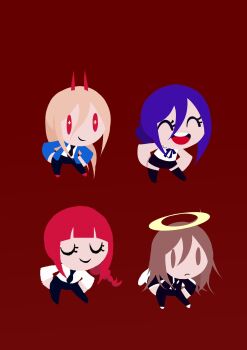 +_+ 1boy 3girls ^_^ alcohol angel angel_devil_(chainsaw_man) angel_wings arm_behind_back black_jacket black_skirt blue_jacket brown_eyes brown_hair chainsaw_man chibi choker closed_eyes cross-shaped_pupils cup demon_girl demon_horns drinking_glass evil_smile feathered_wings formal_clothes halo hell helltaker helltaker_dance highres horns jacket long_hair long_sleeves makima_(chainsaw_man) multiple_girls off_shoulder parody pencil_skirt pink_hair ponytail power_(chainsaw_man) red_hair red_horns reze_(chainsaw_man) sharp_teeth shirt skirt sleeveless smile style_parody symbol-shaped_pupils teeth udonmaru_men vanripper_(style) white_shirt white_wings wine wine_glass wings yellow_eyes