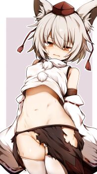 1girl absurdres animal_ears blush brown_eyes cleft_of_venus commentary cowboy_shot cropped_shirt detached_sleeves frown grey_hair hagure_kedama hat heart highres inubashiri_momiji looking_at_viewer navel no_panties open_mouth outline pom_pom_(clothes) pussy red_hat ribbon-trimmed_sleeves ribbon_trim shirt skirt sleeveless sleeveless_shirt solo standing sweatdrop textless_version thigh_gap thighhighs tokin_hat torn_clothes torn_skirt touhou turtleneck turtleneck_shirt white_outline white_shirt white_sleeves white_thighhighs wolf_ears wolf_girl