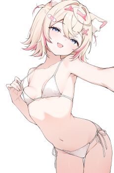 1girl :d absurdres animal_ear_fluff animal_ears bandaid bandaid_hair_ornament bikini blonde_hair blue_eyes breasts commentary crossed_bangs dog_ears dog_girl dog_tail double-parted_bangs fake_horns fang hair_between_eyes hair_intakes hair_ornament hairband halterneck highres hololive hololive_english horn_hairband horns looking_at_viewer mococo_abyssgard navel nyashira open_mouth pink_hairband pink_streaks reaching reaching_towards_viewer short_hair side-tie_bikini_bottom simple_background skin_fang small_breasts smile solo stomach strap_lift string_bikini swimsuit tail two_side_up virtual_youtuber white_background white_bikini x_hair_ornament