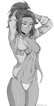 1girl absurdres adjusting_hair breasts commentary_request cowboy_shot dark-skinned_female dark_skin expressionless glasses hands_in_own_hair highres medium_breasts mishislover nintendo no_bra open_clothes open_shirt panties pokemon pokemon_sv ponytail raifort_(pokemon) semi-rimless_eyewear solo spanish_commentary twitter_username under-rim_eyewear underwear