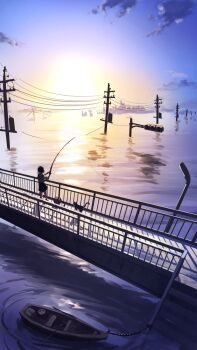 Rule 34 | 1girl, boat, bridge, cat, commentary request, evening, fishing, fishing rod, flood, highres, holding, holding fishing rod, original, outdoors, pedestrian bridge, power lines, sanmen (threeface il), solo, standing, sun, sunset, traffic light, utility pole, watercraft, wide shot
