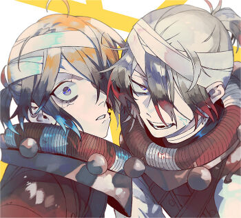 2boys ahoge bandaged_head bandages blonde_hair blue_eyes dual_persona fang hair_over_one_eye identity_v luca_balsa luca_balsa_(electrolysis) male_focus multiple_boys official_alternate_costume parted_lips ponytail portrait short_ponytail wide-eyed yokoi36