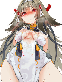 1girl absurdres accessories after_fellatio blush breasts brown_hair china_dress chinese_clothes closed_mouth clover clover_hair_ornament commentary_request cowboy_shot cum cum_in_mouth cum_on_body cum_on_breasts cum_on_upper_body dress facial from_below hair_ornament hairband heart heart-shaped_pupils highres large_variant_set long_hair looking_down medium_breasts open_mouth pochi_ta red_eyes see-through_clothes simple_background solo speech_bubble sweat symbol-shaped_pupils tears thought_bubble torn_clothes torn_dress twitching_womb variant_set very_long_hair white_background white_dress white_hairband ye_shunguang zenless_zone_zero