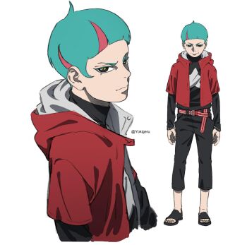 Rule 34 | 1boy, aged up, alternate costume, aqua hair, black eyes, black pants, black sandals, boruto: naruto next generations, daemon (naruto), highres, hood, hooded jacket, jacket, light smile, male focus, multicolored hair, naruto (series), pants, red hair, red jacket, sandals, shirt, short-sleeved jacket, short sleeves, streaked hair, third-party source, turtleneck, turtleneck shirt, twitter username, two-tone hair, yokigeru