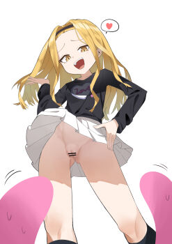 1girl absurdres anus bar_censor black_hairband black_shirt black_socks blonde_hair cameltoe censored cleft_of_venus clothes_lift contrapposto from_below hair_flip hairband hand_on_own_hip heart highres kirarazaka_marina kneehighs loli long_hair long_sleeves looking_at_viewer miniskirt mong91 nervous_sweating no_panties open_mouth pleated_skirt pov print_shirt pussy shirt simple_background skirt skirt_lift smile smug socks spoken_heart sweat takopii takopii_no_genzai upskirt white_background white_skirt wind wind_lift yellow_eyes