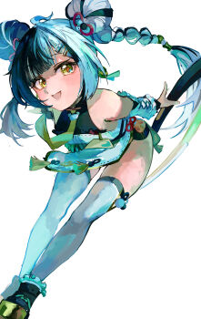 1girl absurdres bare_shoulders black_hair braid detached_sleeves dialyn_(zenless_zone_zero) dress highres multicolored_hair open_mouth shiroyasha72 shirt solo split-color_hair thighhighs twin_braids white_dress white_shirt yellow_eyes zenless_zone_zero