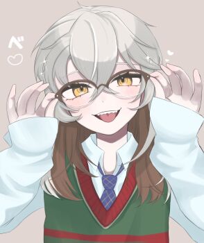 Rule 34 | 1other, :d, adjusting eyewear, blue necktie, brown background, brown hair, choko (1839), collared shirt, colored tips, crossed bangs, glasses, green vest, grey hair, hair between eyes, hand on eyewear, hands up, highres, long hair, looking at viewer, medicine pocket, medicine pocket (the cosmos photographer), multicolored hair, necktie, official alternate costume, open mouth, reverse:1999, sharp teeth, shirt, smile, solo, sweater vest, teeth, tongue, tongue out, upper body, upper teeth only, vest, white shirt, yellow eyes