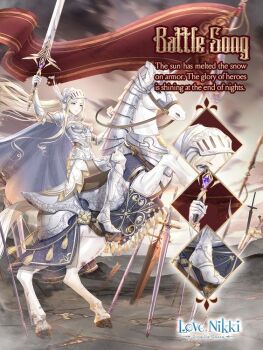 1girl armor armored_boots artist_request barding blonde_hair blue_eyes bodysuit boots border bracer breastplate close-up closed_mouth cloud cloudy_sky copyright_name day english_text expressionless flag floating_cape floating_hair full_armor gauntlets grey_bodysuit helm helmet high_heel_boots high_heels holding holding_reins horseback_riding icewind_warchant_(miracle_nikki) knee_pads knight logo long_hair long_sidelocks looking_ahead miracle_nikki nikki_(series) official_art outdoors pauldrons reins riding saddle shoulder_armor sidelocks sky solo stiletto_heels very_long_hair visor_(armor) war white_border