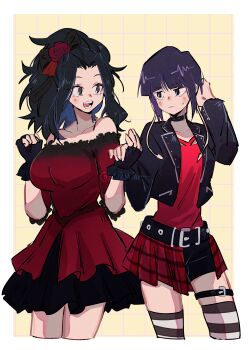 2girls :d absurdres alternate_hairstyle bare_shoulders belt belt_buckle bibiri_(r42r98r) black_belt black_bow black_choker black_eyes black_gloves black_hair black_jacket black_shorts boku_no_hero_academia border bow breasts buckle choker closed_mouth collarbone commentary_request cowboy_shot curtained_hair dress fingerless_gloves flower frilled_gloves frills gloves gradient_clothes gradient_dress grid_background hair_bow hair_flower hair_ornament half-skirt hand_in_own_hair hands_up highres holding_hands jacket jiro_kyoka large_breasts leather leather_jacket looking_at_another medium_hair miniskirt multiple_girls off-shoulder_dress off_shoulder open_clothes open_jacket open_mouth outside_border plaid_clothes plaid_skirt red_dress red_flower red_rose red_shirt rose shirt short_dress shorts shorts_under_skirt sidelocks skirt smile striped_clothes striped_thighhighs sweatdrop thigh_belt thigh_strap thighhighs white_border yaoyorozu_momo yellow_background