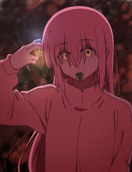 1girl absurdres arm_up bags_under_eyes blood blood_in_mouth blood_on_face blurry blurry_background bocchi_the_rock! bokeh commentary_request cube_hair_ornament depth_of_field eyes_visible_through_hair gotoh_hitori hair_between_eyes hair_ornament hair_over_eyes highres jacket long_hair looking_at_viewer mayo_(oekaki_bibbi) orange_eyes pink_hair pink_jacket pink_track_suit side_ahoge solo straight_hair track_jacket track_suit upper_body