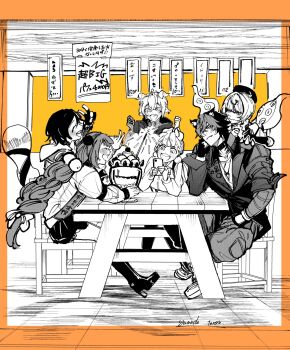 03_kyv 1boy 1other 5girls :d accessories alice_thymefield animal animal_ear_fluff animal_ears arm_rest artist_name bandaged_arm bandages behind_another belle_(zenless_zone_zero) birthday black_boots black_gloves black_hair black_hat black_jacket black_skirt blush boots border braid braided_twintails cardigan cellphone chair closed_eyes closed_mouth collar collarbone commentary_request dog_boy dog_ears earrings fang fingerless_gloves fireworks food from_side gloves goat_ears goat_girl goat_horns greyscale_with_colored_background hair_between_eyes hair_ornament hair_ribbon happy happy_birthday hat head_rest hearing_aid highres holding holding_phone horns ice_cream indoors jacket jewelry kamanosuke_(zenless_zone_zero) komano_manato letter_hair_ornament long_hair looking_at_another lucia_elowen mole mole_under_mouth monochrome monster_girl multicolored_hair multiple_girls muscular muscular_male necklace open_mouth orange_border pectorals phone pointy_ears rabbit_ears rabbit_girl raccoon ribbon scar scar_across_eye scar_on_face scylla shirt shoes short_hair single_sleeve sitting skirt smile sparkler sphere_hair_ornament spiked_jacket spot_color suction_cups table tanuki tentacle_girl tentacle_tail tentacles twintails ukinami_yuzuha v white_shirt white_shoes yellow_background yidhari_murphy zenless_zone_zero