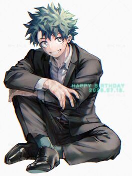 1boy black_jacket black_pants black_shoes black_suit boku_no_hero_academia collared_shirt dated facial_scar formal_clothes freckles full_body green_eyes green_hair grin happy_birthday highres hk_(nt) jacket male_focus midoriya_izuku pants scar scar_on_cheek scar_on_face scar_on_hand shirt shoes short_hair sitting smile solo suit suit_jacket teeth white_background white_shirt