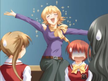 Rule 34 | 2000s (style), blonde hair, closed eyes, copyright request, game cg, green pants, grey hair, indoors, kamiizumi yasuna, kashimashi, kurusu tomari, no eyes, non-web source, official art, open mouth, orange hair, osaragi hazumu, pale skin, pants, purple shirt, scarf, school uniform, shirt, short hair, sitting, smile, sweatdrop, tsuki namiko, wavy hair, yellow scarf