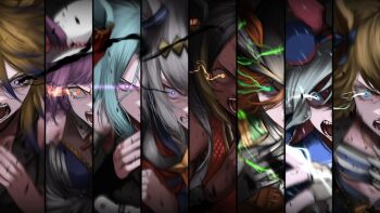 6+girls animal_ears aqua_hair basketball_jersey black_hair black_hat black_vest blonde_hair blue_eyes blue_hair blue_jacket blue_shirt bow brown_hair closed_mouth commentary dark-skinned_female dark_skin dress ear_covers ear_ornament ear_ribbon ears_through_headwear electricity ellerslie_pride_(umamusume) frown glowing glowing_eyes gold_city_(authentic/1928)_(umamusume) gold_city_(umamusume) gradient_hair green_eyes grey_hair grimace hair_between_eyes hair_ornament hasewo hat hat_feather highres horse_ears horse_girl jacket japan_cup jewelry michelle_my_baby_(umamusume) moonlight_lunacy_(umamusume) motion_blur multicolored_hair multiple_girls necklace obey_your_master_(umamusume) oguri_cap_(starlight_beat)_(umamusume) oguri_cap_(umamusume) open_mouth orange_eyes purple_dress purple_eyes purple_hair sharp_teeth shirt tamamo_cross_(umamusume) tamamo_cross_(with_lightning_speed)_(umamusume) teeth toni_bianca_(umamusume) umamusume umamusume:_cinderella_gray vest white_hat