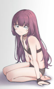 1girl barefoot black_bra black_panties blush_stickers bow bow_panties bra breasts brown_hair fallenshadow feet grey_background highres indie_virtual_youtuber loli long_hair navel panties pettan_(zeez4743) pink_eyes simple_background sitting small_breasts smile soles solo thighs toes underwear underwear_only virtual_youtuber