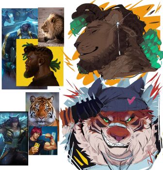 2boys bandaid bandaid_on_face bandaid_on_nose bara beanie closed_eyes colored_tips dark-skinned_male dark_skin fiora_(na1su) furrification furry furry_male green_eyes green_hair hat heart heartsteel_(league_of_legends) heartsteel_k'sante heartsteel_sett highres holding holding_phone k'sante_(league_of_legends) league_of_legends lion male_focus multicolored_hair multiple_boys muscular muscular_male official_art_inset phone photo_inset pierced_hat portrait reference_inset sett_(league_of_legends) simple_background tiger white_background