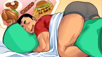 1boy ass bara bed bed_sheet biceps bird black_hair burger chicken closed_eyes dakimakura_(object) dreaming food gyee hou_(gyee) hug huge_ass male_focus male_underwear muscular muscular_arms muscular_male nakata_shunpei official_art open_mouth pancake pillow potato saliva saliva_trail sausage shirt sideburns sleeping smile solo t-shirt thick_eyebrows thighs tight_clothes underwear