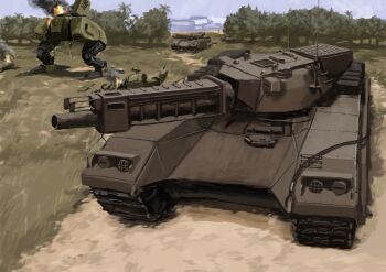 burning caterpillar_tracks front_mission highres mecha military military_vehicle motor_vehicle no_humans outdoors railgun reverse-jointed_legs robot science_fiction tank tank_turret tyokugekidato vehicle_focus