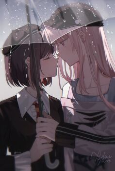 1girl 1other akiyama_mizuki baseball_cap beret black_hat black_jacket blurry brown_hair closed_eyes closed_mouth collarbone depth_of_field expressionless facing_another hat highres holding holding_umbrella imminent_kiss jacket kyline long_hair looking_at_another necktie off-shoulder_sweater off_shoulder pink_hair pink_sweater project_sekai rain shinonome_ena short_hair sweater tank_top transparent transparent_umbrella umbrella upper_body wing_collar