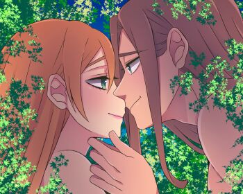1boy 1girl bare_shoulders brown_hair commentary_request green_eyes hetero highres jane_porter leaf long_hair orange_hair pectorals smile tarzan_(disney_character) tarzan_(disney_movie) toco_(love-hmhm-tocotoco)