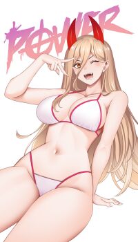 1girl :d ;d alternate_costume arm_support bikini blonde_hair breasts chainsaw_man character_name cross-shaped_pupils demon_girl demon_horns hair_between_eyes hataraki_kuma highres horns large_breasts long_hair_between_eyes looking_at_viewer navel one_eye_closed open_mouth power_(chainsaw_man) red_horns sharp_teeth smile solo swimsuit symbol-shaped_pupils teeth v white_bikini yellow_eyes