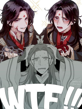 Rule 34 | 2boys, @ @, artist name, belt collar, black hair, black hanfu, black nails, blood, blood on clothes, blood on face, blood on neck, blush, chain, chain leash, chinese clothes, clone harem, collar, commentary request, confused, curtained hair, dark persona, dual persona, furrowed brow, grin, half-closed eyes, half updo, hands on own head, hanfu, highres, holding, holding chain, holding leash, leash, long hair, long sleeves, looking at viewer, lower teeth only, luo binghe, multiple boys, nervous sweating, open mouth, pallestina eli, parted bangs, partially colored, raised inner eyebrows, red collar, red eyes, renzha fanpai zijiu xitong, shen qingqiu, smile, sparkle, surprised, sweat, take your pick, tearing up, teeth, upturned eyes, v-shaped eyebrows, wavy hair, wavy mouth, white background, wide sleeves, xiao guan (headdress), yaoi, zuiyin