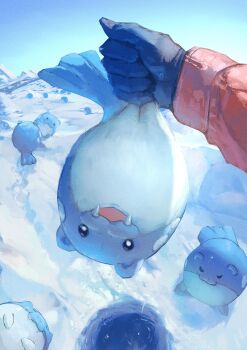 1other :3 absurdres animal black_gloves commentary_request day gen_3_pokemon gloves highres holding holding_animal holding_pokemon long_sleeves looking_at_viewer neg_(101neg) nintendo outdoors pokemon pokemon_(creature) pokemon_focus pov pov_hands seal_(animal) snow spheal