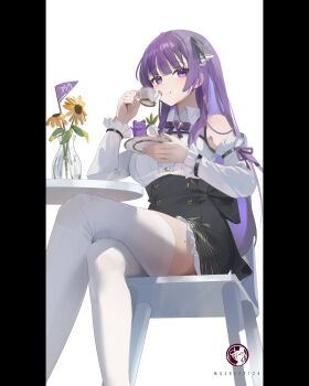 Rule 34 | abroccoli, absurdres, artist name, black ribbon, black skirt, bow, bowtie, buttons, chair, crossed legs, cup, detached sleeves, double-breasted, flower, frilled shirt, frilled sleeves, frills, hair ribbon, high-waist skirt, highres, holding, holding cup, holding plate, indie virtual youtuber, long hair, mole, mole on thigh, on chair, otsuka ray, plate, purple bow, purple bowtie, purple eyes, purple hair, ribbon, shirt, sidelocks, sitting, skirt, sleeveless, sleeveless shirt, teacup, thighhighs, vase, virtual youtuber, watermark, white shirt, white thighhighs, wispy bangs, yellow flower